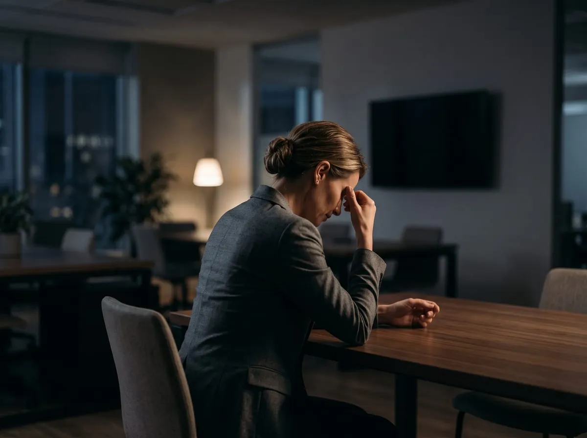 The same woman alone in a dim office at night, her head resting on her hand