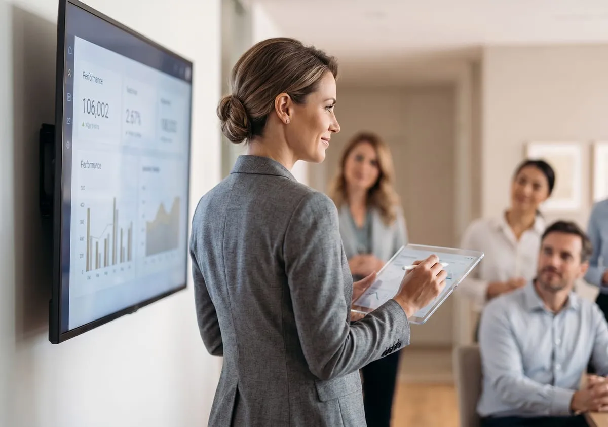A woman in a grey blazer presenting results to her team, smiling and in control