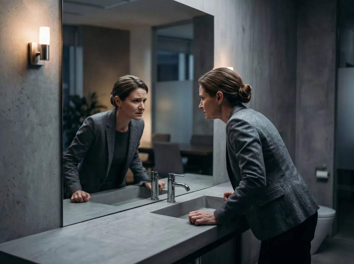 The same woman leaning on a washbasin, searching her own worried reflection in the mirror